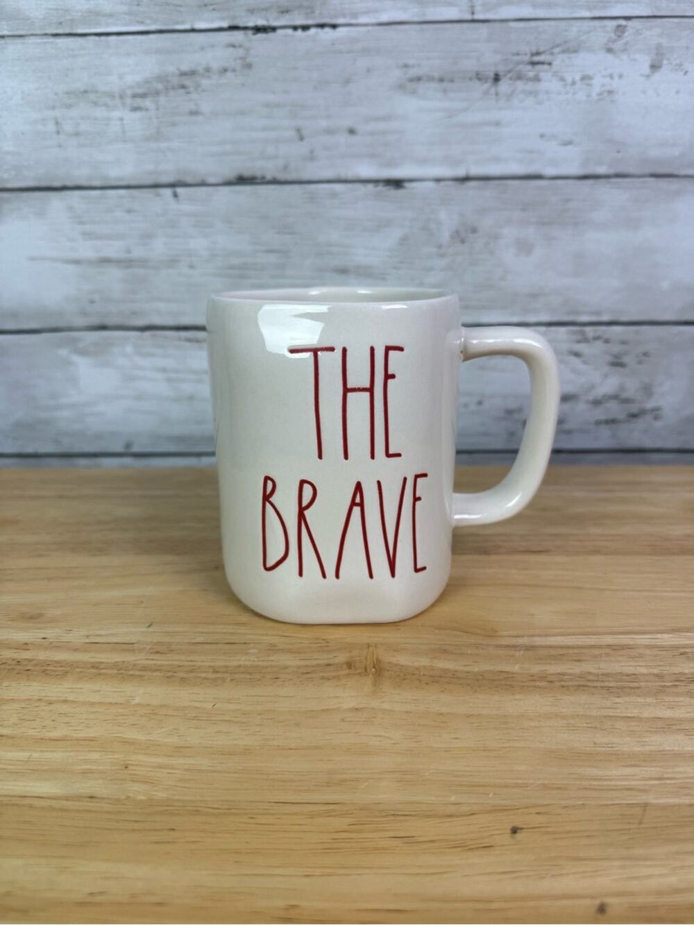 Rae Dunn White Ceramic "The Brave" Mug with Red Lettering Double Sided